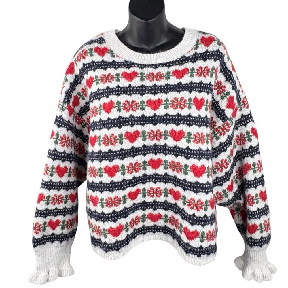 Heart Whimsi Coquette Wool Blend Crew-Neck Loose Cropped Sweater Womenโs 3X Plus